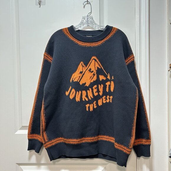 Vintage Kama Men Sweater Retro Crew Neck 80s Graphic Pullover Blue Orange Medium - Picture 1 of 11